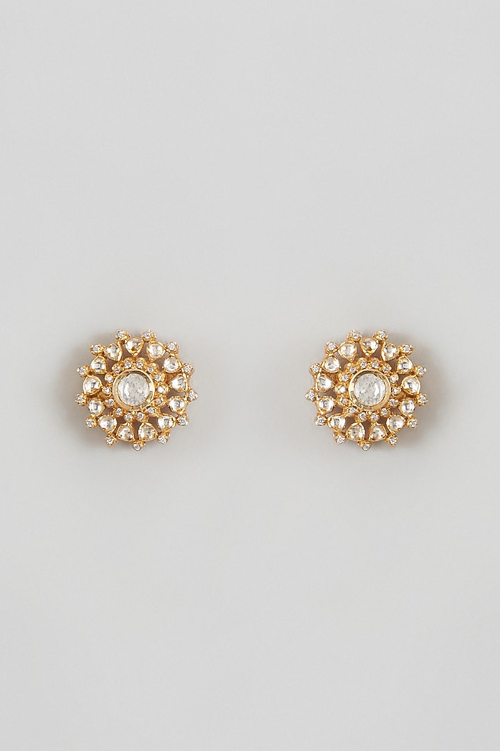 Gold Plated White Kundan Polki Stud Earrings In Sterling Silver by KARISA DESIGNS at Pernia's Pop Up Shop