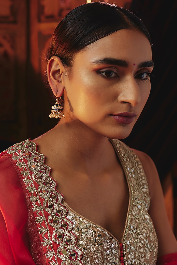 Gold Plated Blue Kundan Polki Jhumka Earrings In Sterling Silver by KARISA DESIGNS at Pernia's Pop Up Shop