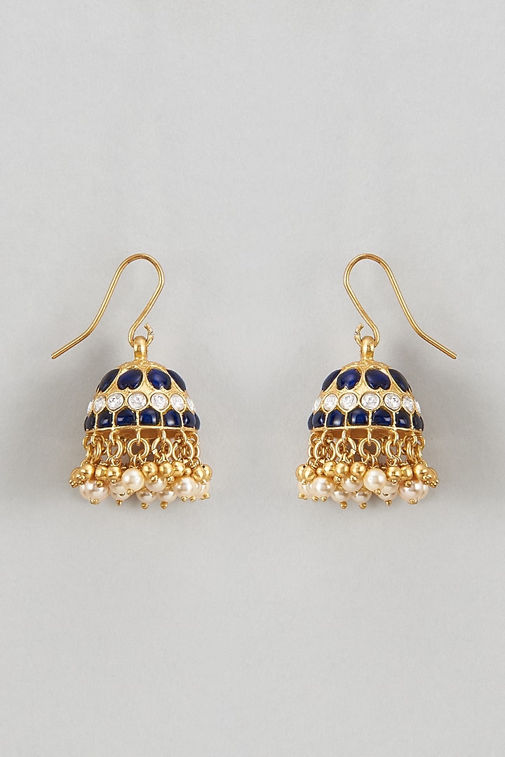 Gold Plated Blue Kundan Polki Jhumka Earrings In Sterling Silver by KARISA DESIGNS at Pernia's Pop Up Shop