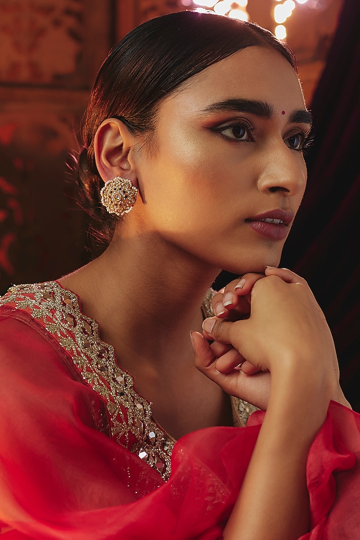 Gold Plated White Kundan Polki & Pearl Floral Stud Earrings In Sterling Silver by KARISA DESIGNS at Pernia's Pop Up Shop