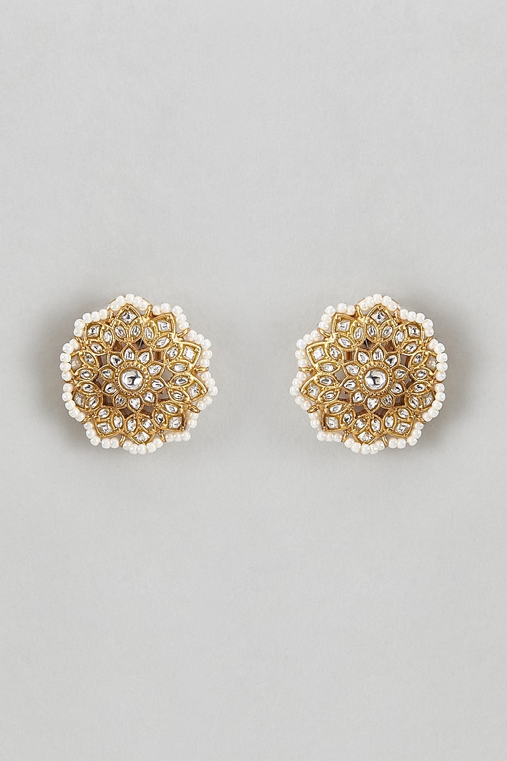 Gold Plated White Kundan Polki & Pearl Floral Stud Earrings In Sterling Silver by KARISA DESIGNS at Pernia's Pop Up Shop