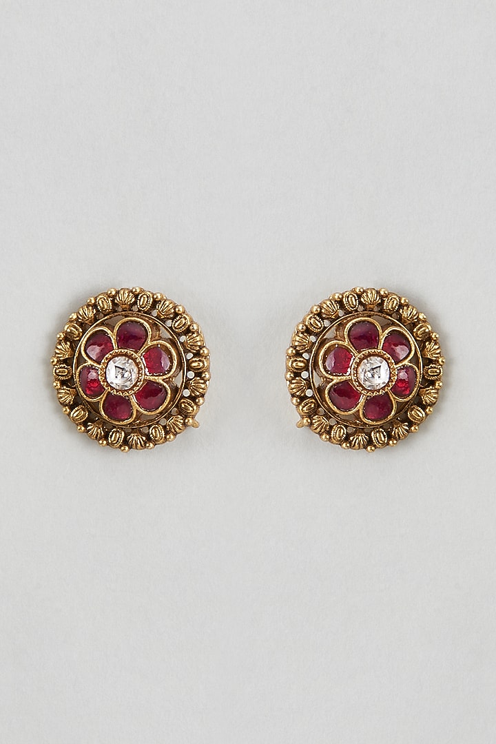 Gold Plated Red Kundan Polki Stud Earrings In Sterling Silver by KARISA DESIGNS at Pernia's Pop Up Shop