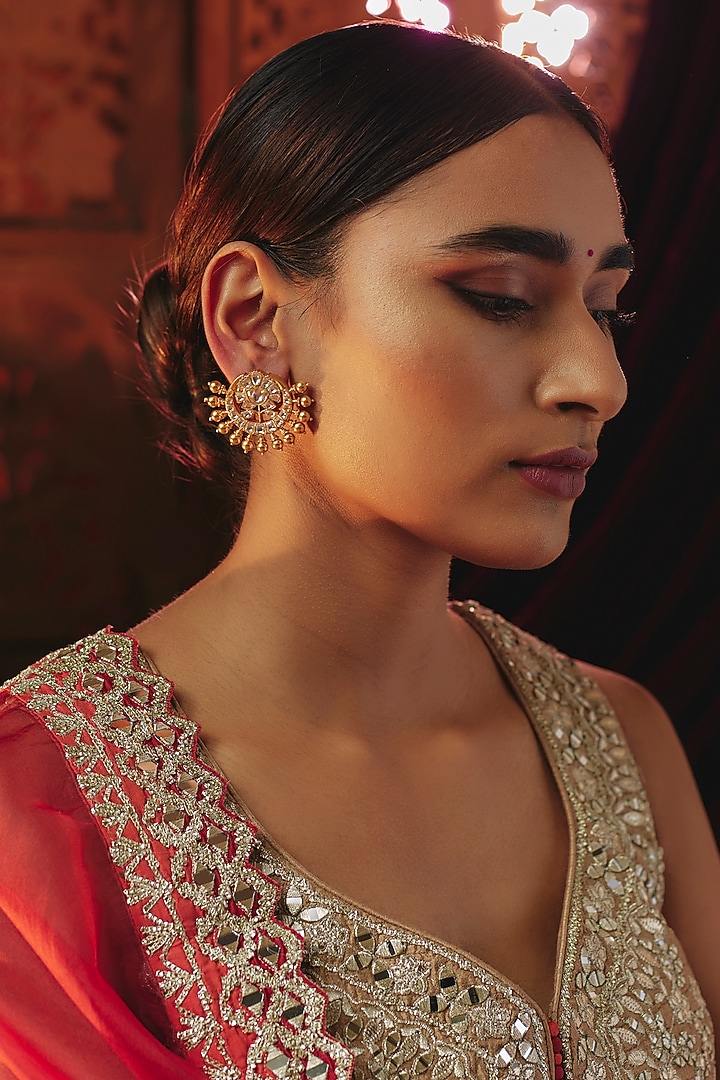 Gold Plated White Kundan Polki Chand Stud Earrings In Sterling Silver by KARISA DESIGNS at Pernia's Pop Up Shop