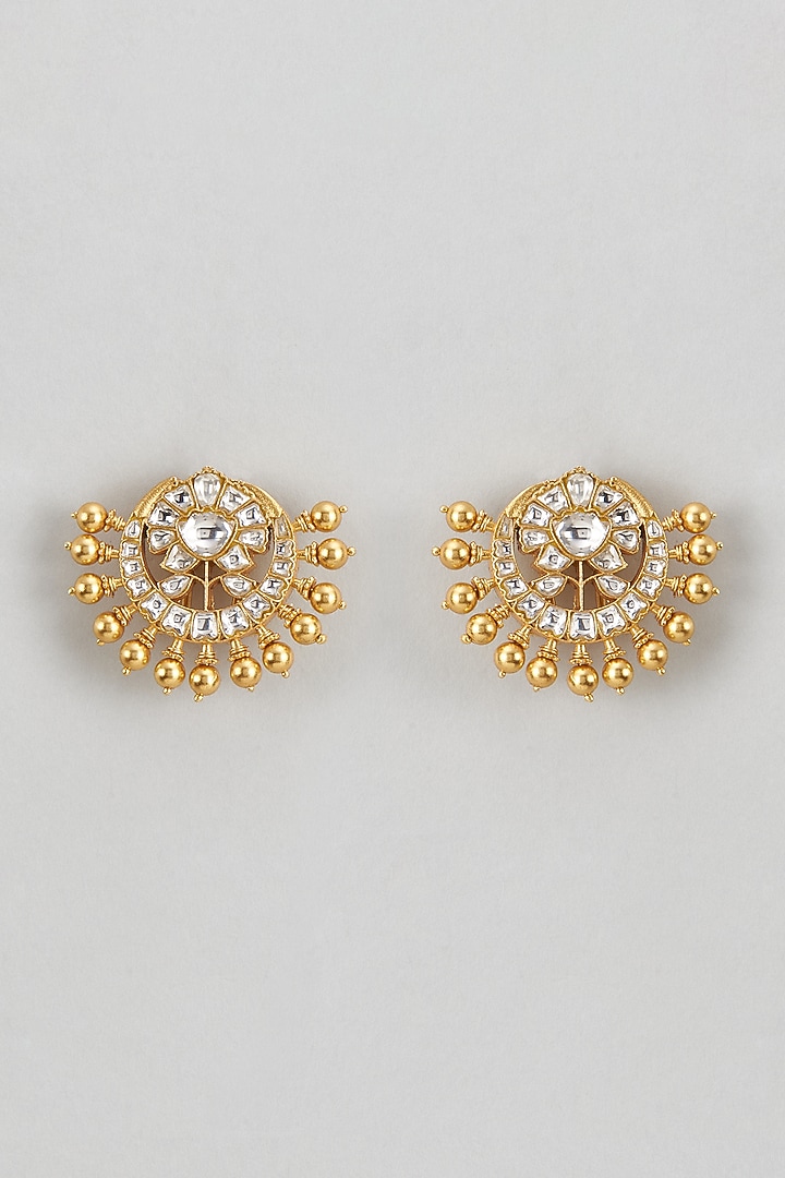 Gold Plated White Kundan Polki Chand Stud Earrings In Sterling Silver by KARISA DESIGNS at Pernia's Pop Up Shop