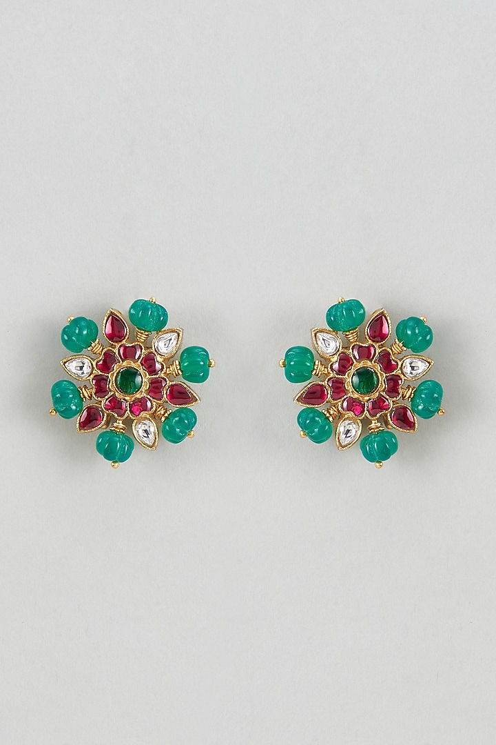 Gold Plated Green Kundan Polki & Beaded Stud Earrings In Sterling Silver by KARISA DESIGNS at Pernia's Pop Up Shop