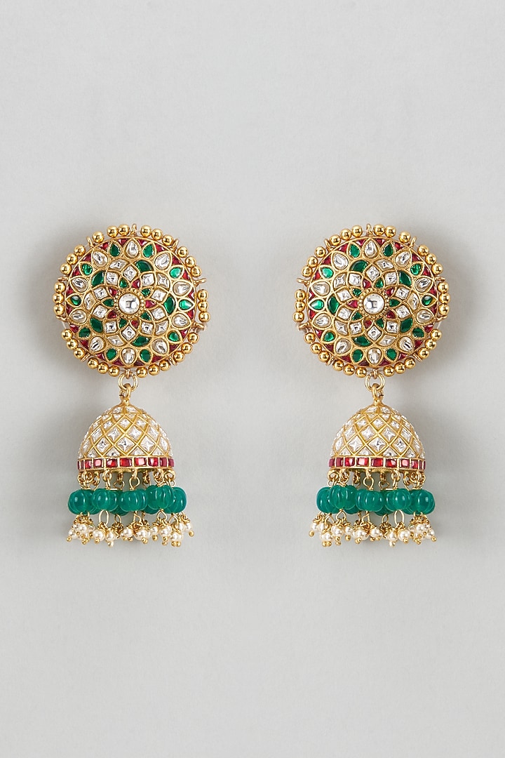 Gold Plated White Kundan Polki & Pearl Jhumka Earrings In Sterling Silver by KARISA DESIGNS at Pernia's Pop Up Shop