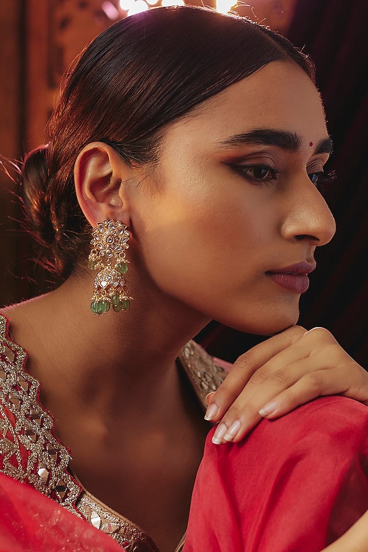 Gold Plated White Kundan Polki & Pearl Jhumka Earrings In Sterling Silver by KARISA DESIGNS at Pernia's Pop Up Shop