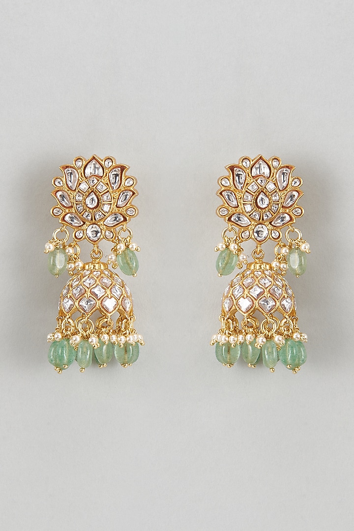 Gold Plated White Kundan Polki & Pearl Jhumka Earrings In Sterling Silver by KARISA DESIGNS at Pernia's Pop Up Shop