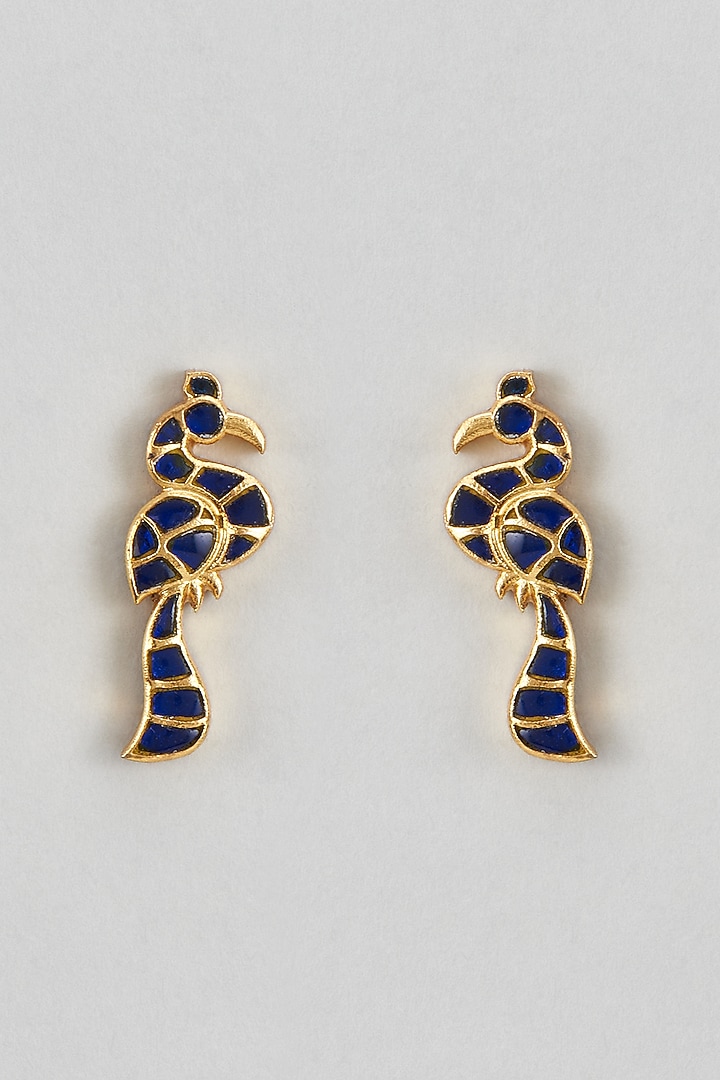 Gold Plated Blue Kundan Polki Pakshi Stud Earrings In Sterling Silver by KARISA DESIGNS at Pernia's Pop Up Shop