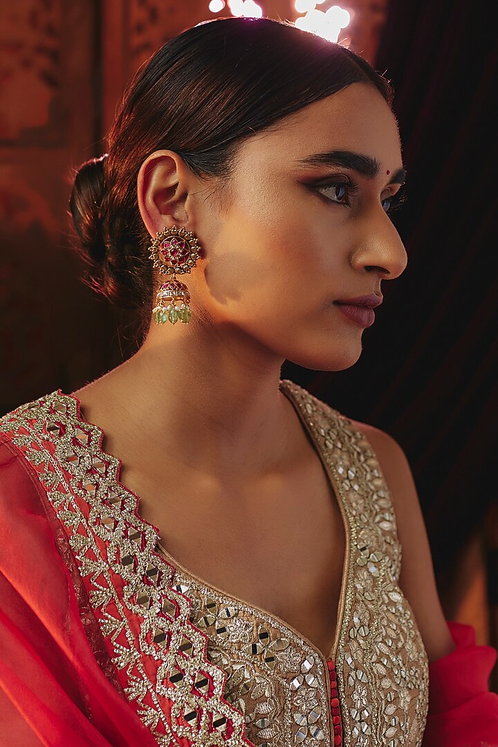 Gold Plated Red Kundan Polki & Pearl Jhumka Earrings In Sterling Silver by KARISA DESIGNS at Pernia's Pop Up Shop