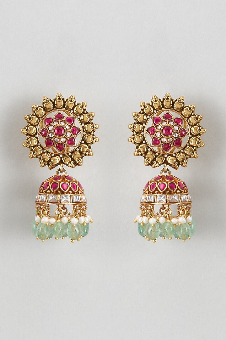 Gold Plated Red Kundan Polki & Pearl Jhumka Earrings In Sterling Silver by KARISA DESIGNS at Pernia's Pop Up Shop