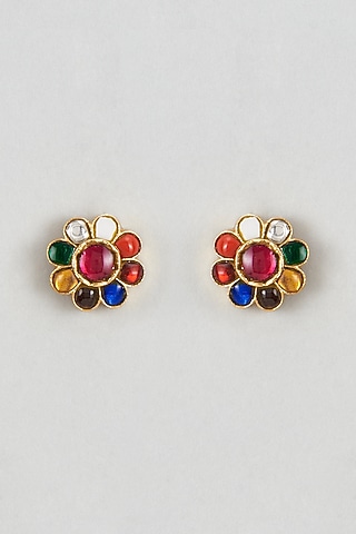Gold Plated Navratna Stone Stud Earrings In Sterling Silver by KARISA DESIGNS