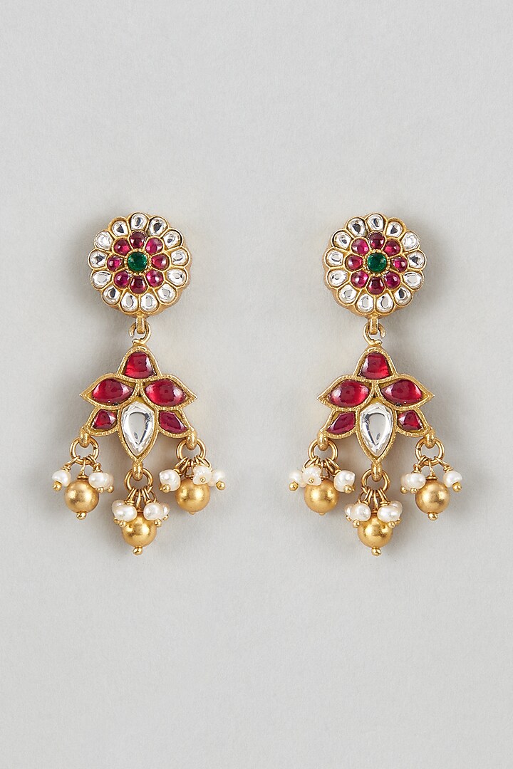 Gold Plated Red Kundan Polki Dangler Earrings In Sterling Silver by KARISA DESIGNS at Pernia's Pop Up Shop
