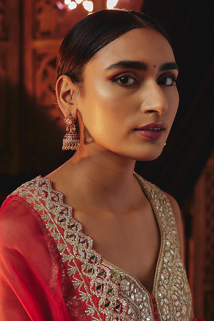 Gold Plated Red Kundan Polki & Beaded Jhumka Earrings In Sterling Silver by KARISA DESIGNS at Pernia's Pop Up Shop