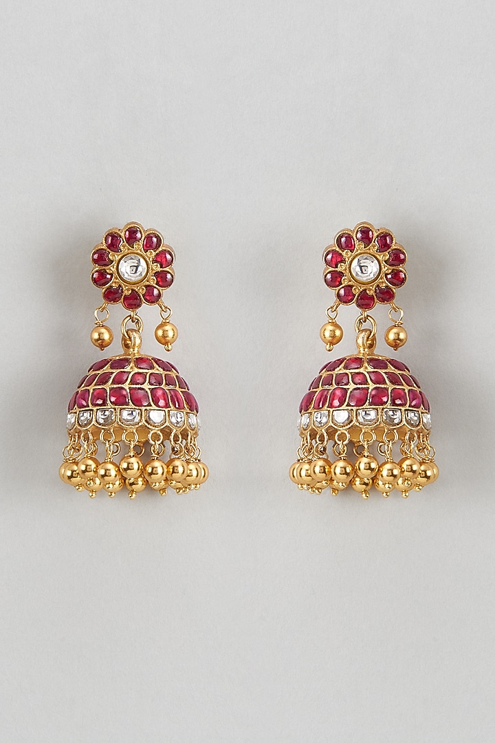 Gold Plated Red Kundan Polki & Beaded Jhumka Earrings In Sterling Silver by KARISA DESIGNS at Pernia's Pop Up Shop