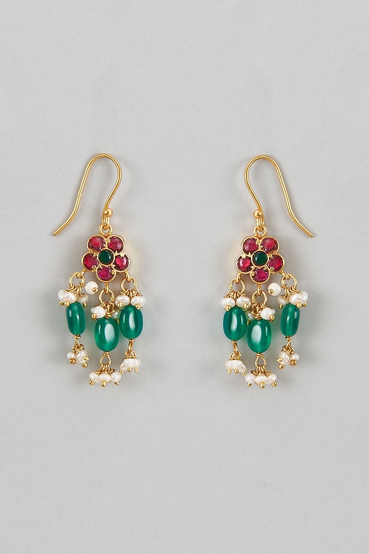 Gold Plated Red Kundan Polki & Pearl Dangler Earrings In Sterling Silver by KARISA DESIGNS at Pernia's Pop Up Shop