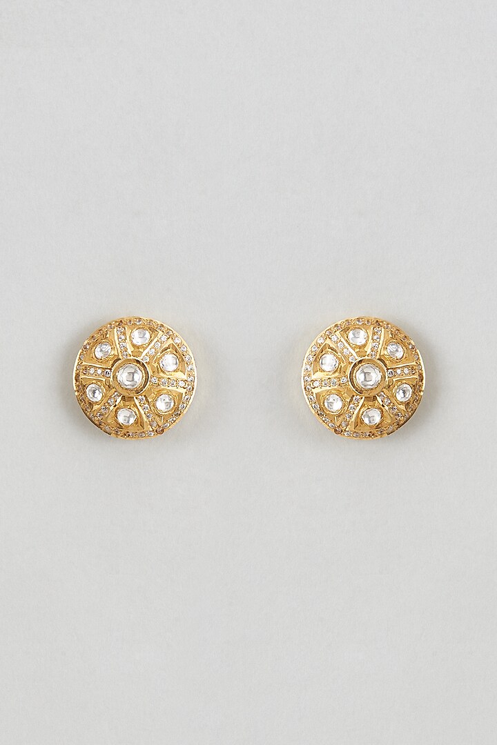 Gold Plated White Kundan Polki Stud Earrings In Sterling Silver by KARISA DESIGNS at Pernia's Pop Up Shop