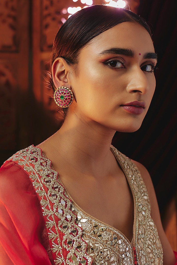 Gold Plated Red Kundan Polki Stud Earrings In Sterling Silver by KARISA DESIGNS at Pernia's Pop Up Shop