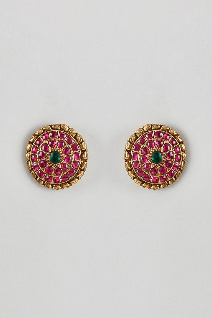 Gold Plated Red Kundan Polki Stud Earrings In Sterling Silver by KARISA DESIGNS at Pernia's Pop Up Shop