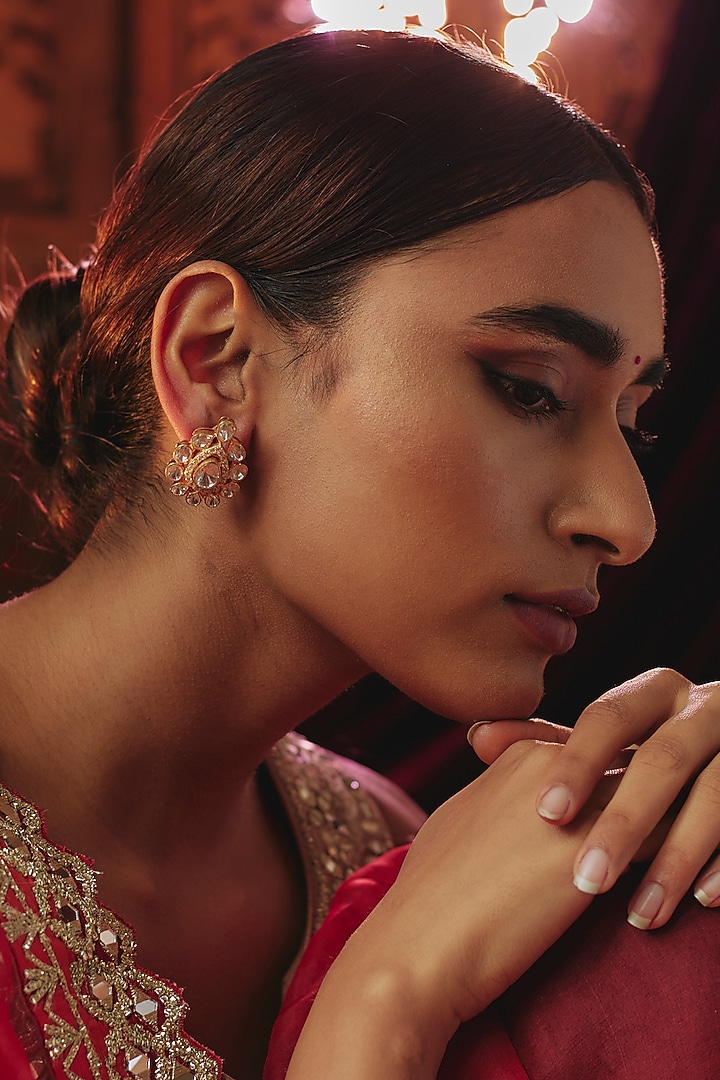 Gold Plated White Zircon & Kundan Polki Stud Earrings In Sterling Silver by KARISA DESIGNS at Pernia's Pop Up Shop