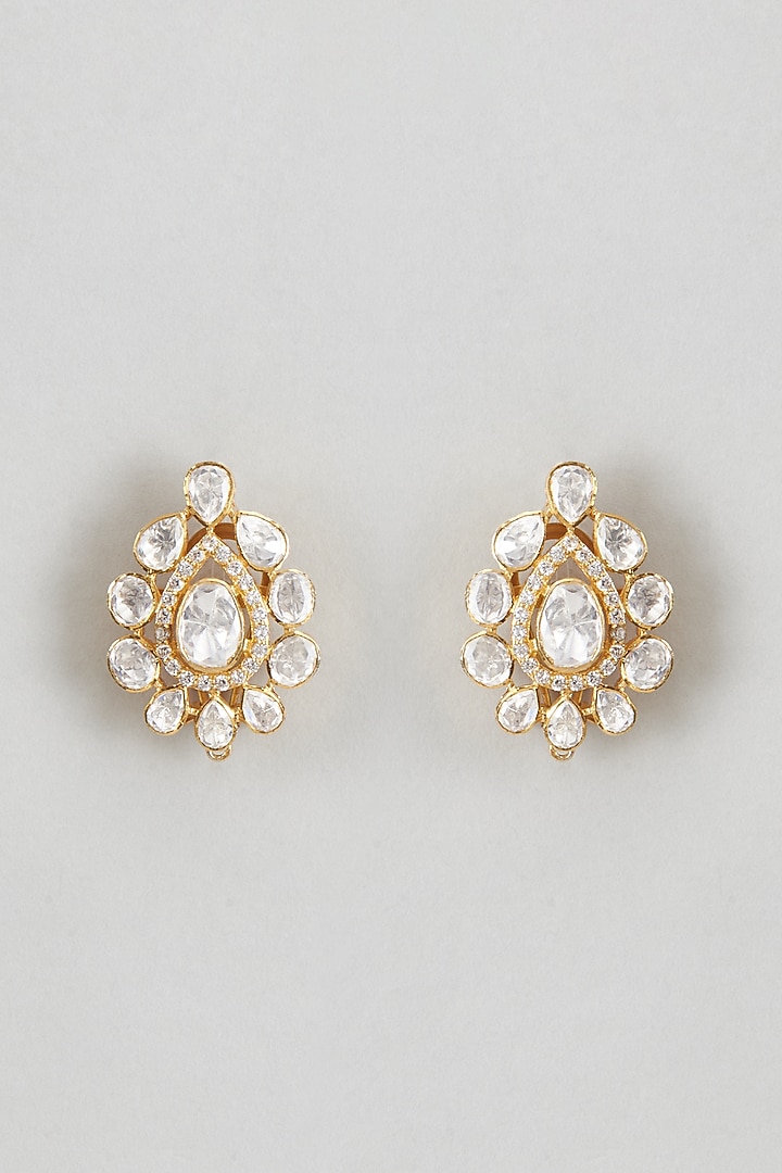 Gold Plated White Zircon & Kundan Polki Stud Earrings In Sterling Silver by KARISA DESIGNS at Pernia's Pop Up Shop
