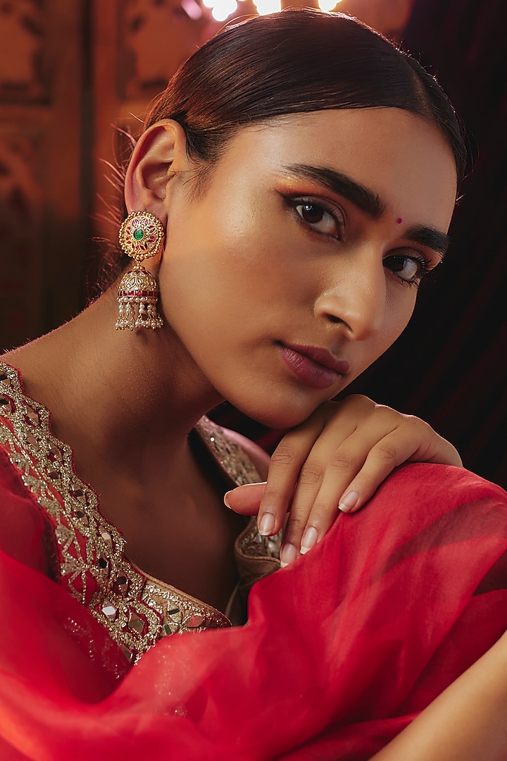 Gold Plated White Kundan Polki & Pearl Jhumka Earrings In Sterling Silver by KARISA DESIGNS at Pernia's Pop Up Shop