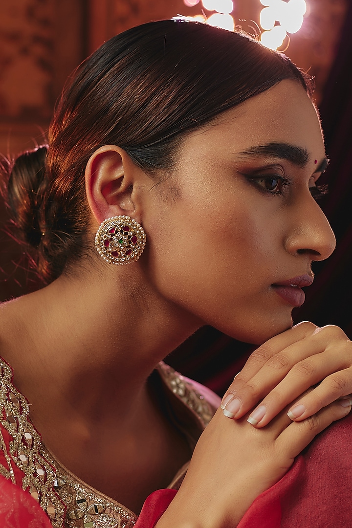 Gold Plated White Kundan Polki & Pearl Stud Earrings In Sterling Silver by KARISA DESIGNS at Pernia's Pop Up Shop