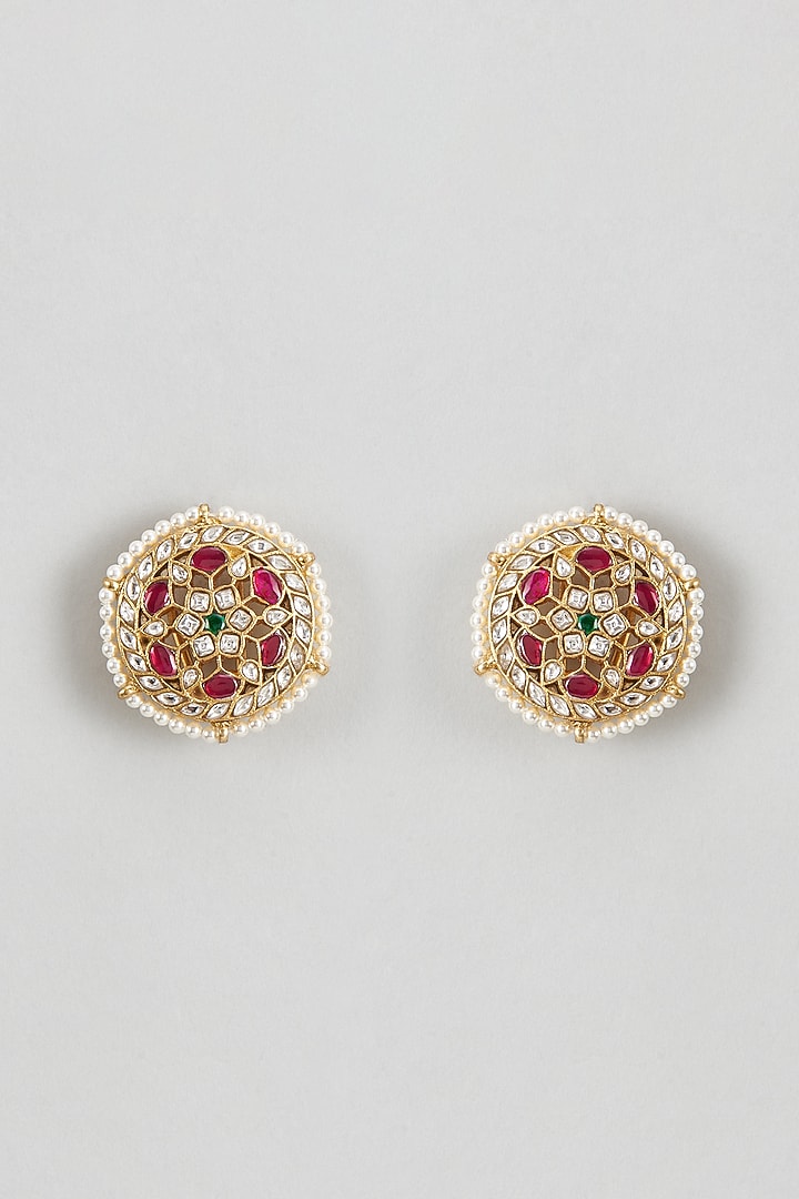 Gold Plated White Kundan Polki & Pearl Stud Earrings In Sterling Silver by KARISA DESIGNS at Pernia's Pop Up Shop