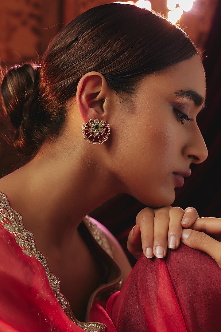 Gold Plated Red Kundan Polki & Pearl Stud Earrings In Sterling Silver by KARISA DESIGNS at Pernia's Pop Up Shop