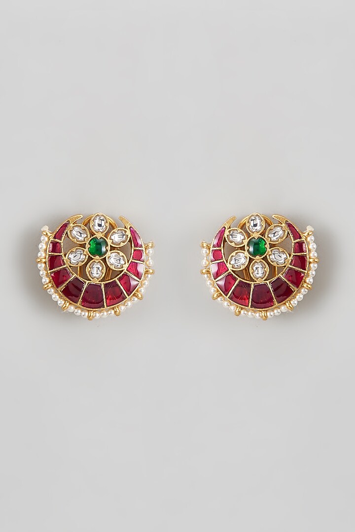 Gold Plated Red Kundan Polki & Pearl Stud Earrings In Sterling Silver by KARISA DESIGNS at Pernia's Pop Up Shop