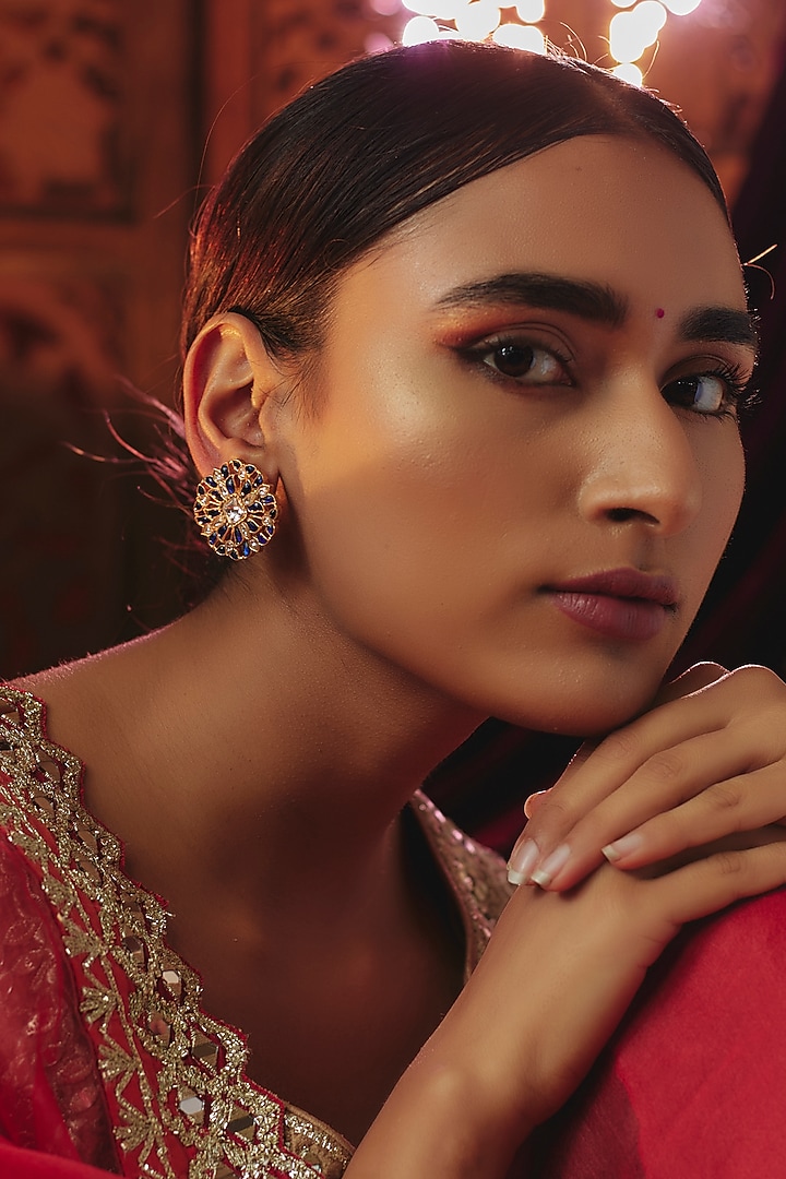 Gold Plated Blue Kundan Polki Stud Earrings In Sterling Silver by KARISA DESIGNS at Pernia's Pop Up Shop