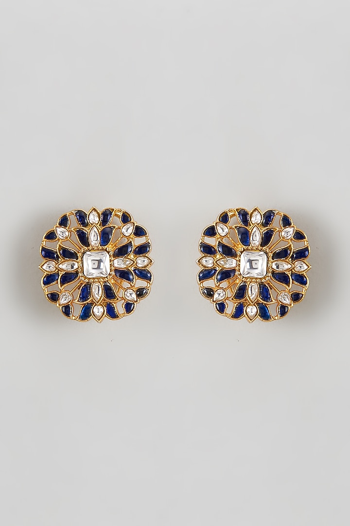 Gold Plated Blue Kundan Polki Stud Earrings In Sterling Silver by KARISA DESIGNS at Pernia's Pop Up Shop