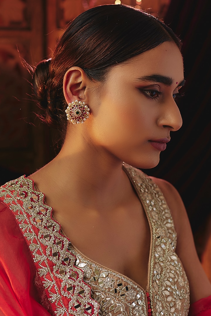 Gold Plated Red Kundan Polki & Pearl Stud Earrings In Sterling Silver by KARISA DESIGNS at Pernia's Pop Up Shop