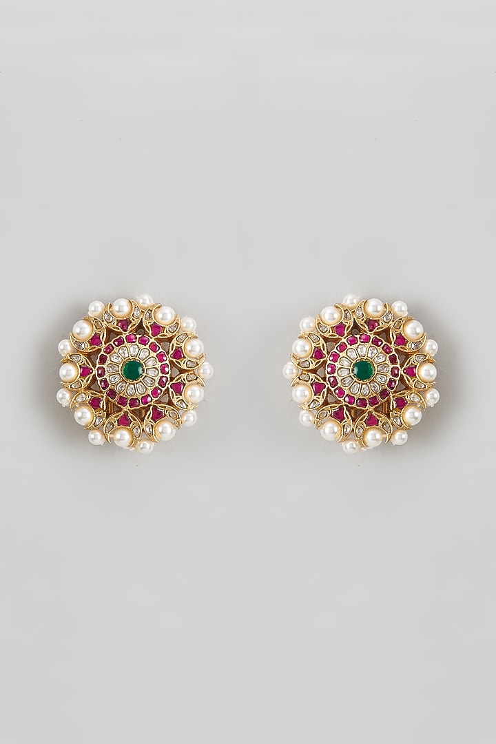 Gold Plated Red Kundan Polki & Pearl Stud Earrings In Sterling Silver by KARISA DESIGNS at Pernia's Pop Up Shop