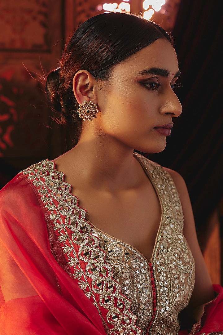Gold Plated Red Kundan Polki & Pearl Floral Stud Earrings In Sterling Silver by KARISA DESIGNS at Pernia's Pop Up Shop