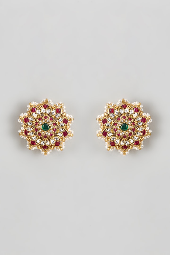 Gold Plated Red Kundan Polki & Pearl Floral Stud Earrings In Sterling Silver by KARISA DESIGNS at Pernia's Pop Up Shop