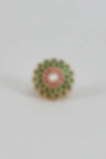 Gold Plated Green Kundan Polki Floral Ring In Sterling Silver by KARISA DESIGNS at Pernia's Pop Up Shop