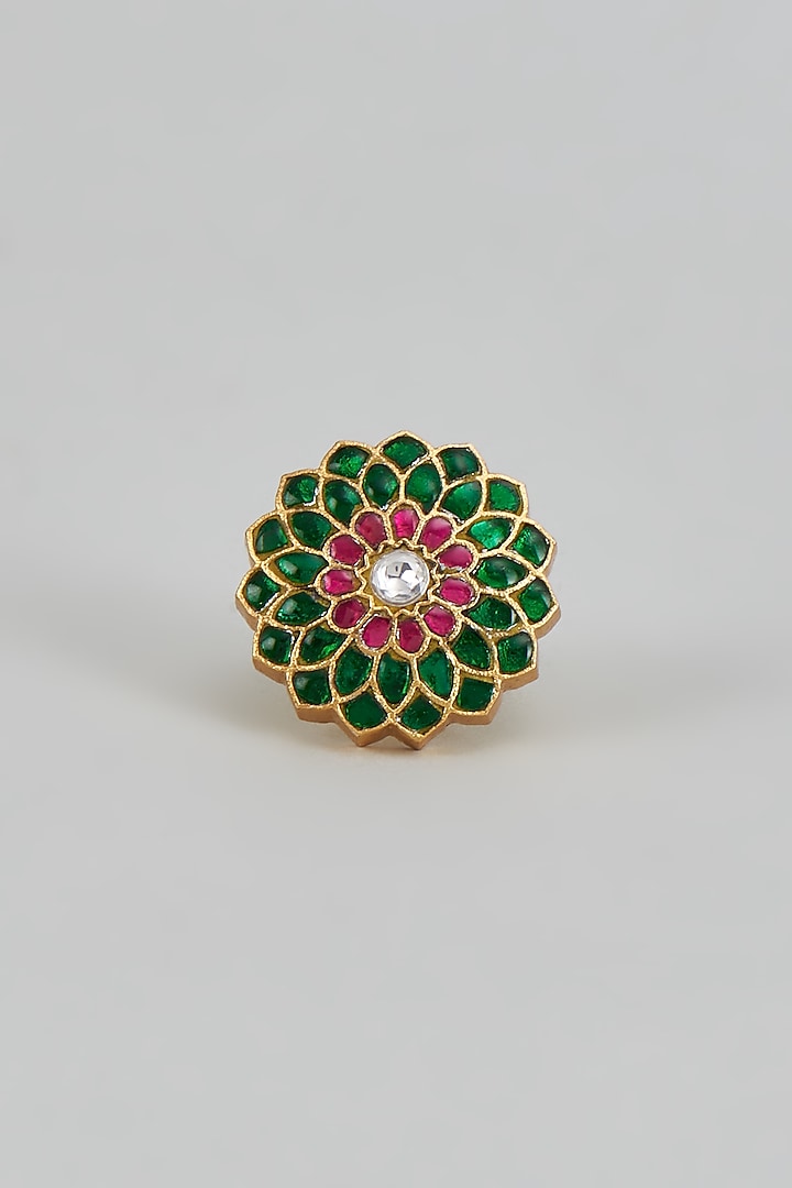 Gold Plated Green Kundan Polki Floral Ring In Sterling Silver by KARISA DESIGNS at Pernia's Pop Up Shop