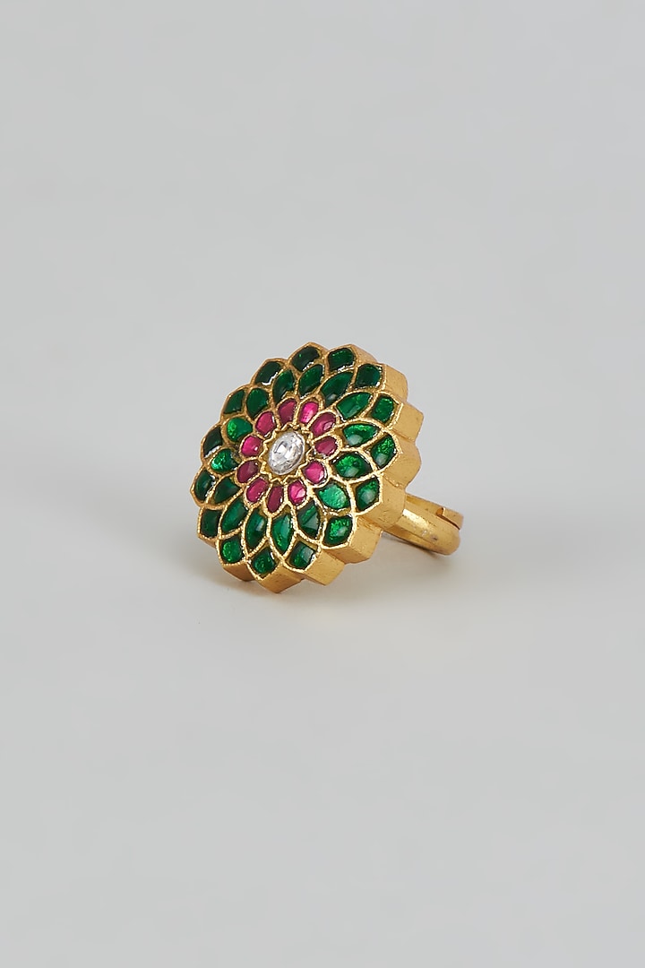 Gold Plated Green Kundan Polki Floral Ring In Sterling Silver by KARISA DESIGNS at Pernia's Pop Up Shop