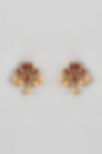Gold Plated Red Kundan Polki & Beaded Kamal Stud Earrings In Sterling Silver by KARISA DESIGNS at Pernia's Pop Up Shop