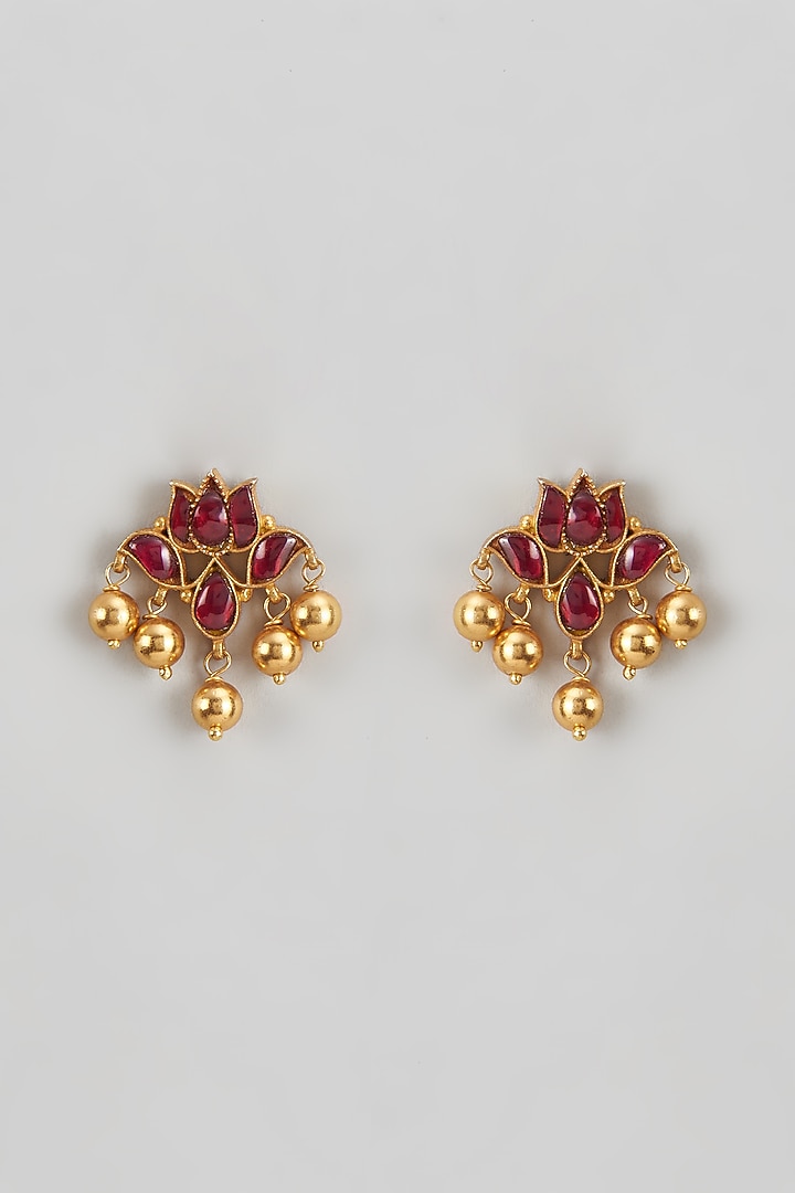 Gold Plated Red Kundan Polki & Beaded Kamal Stud Earrings In Sterling Silver by KARISA DESIGNS at Pernia's Pop Up Shop