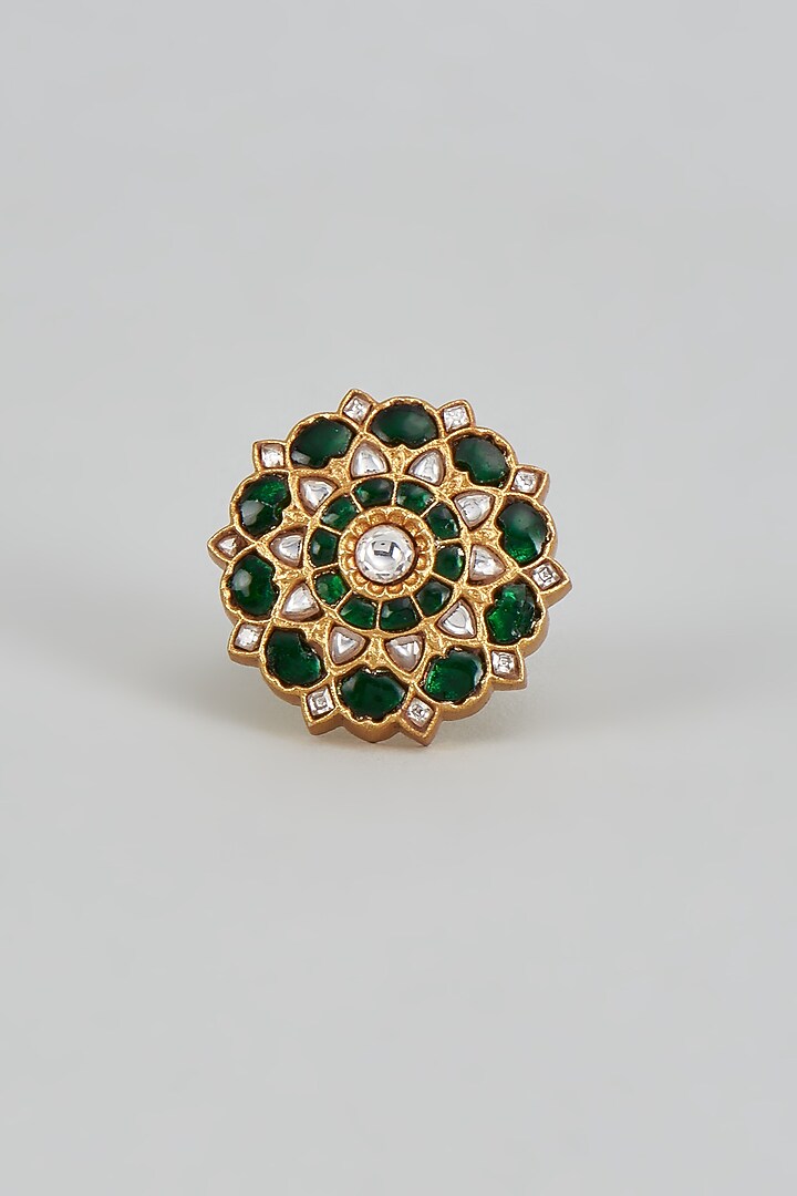Gold Plated Green Kundan Polki Ring In Sterling Silver by KARISA DESIGNS at Pernia's Pop Up Shop