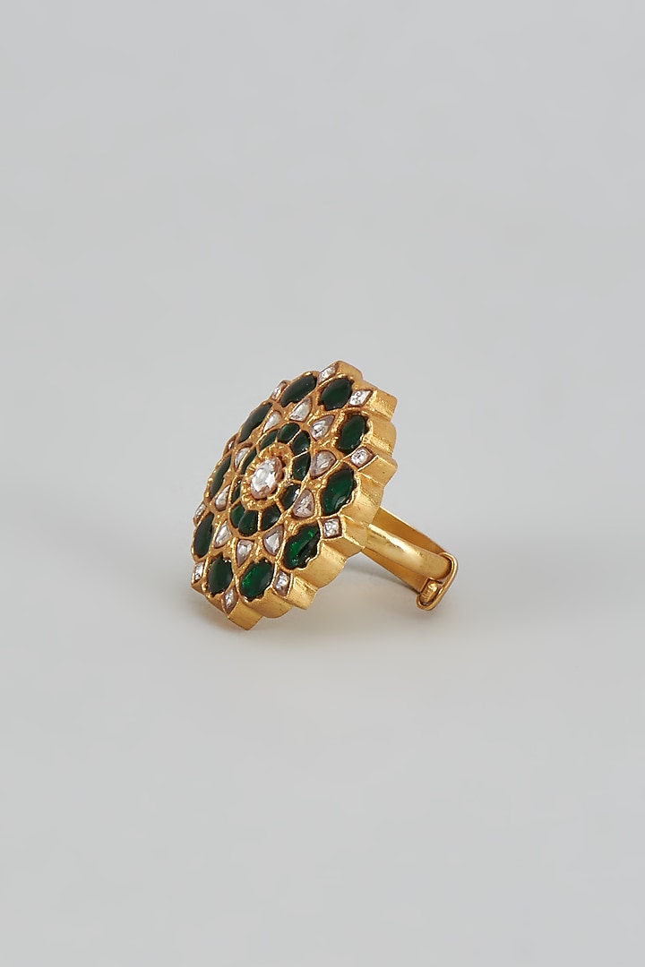 Gold Plated Green Kundan Polki Ring In Sterling Silver by KARISA DESIGNS at Pernia's Pop Up Shop