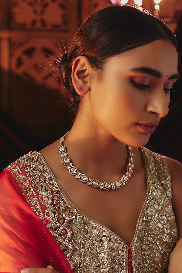 Gold Plated White Kundan Polki Necklace In Sterling Silver by KARISA DESIGNS at Pernia's Pop Up Shop