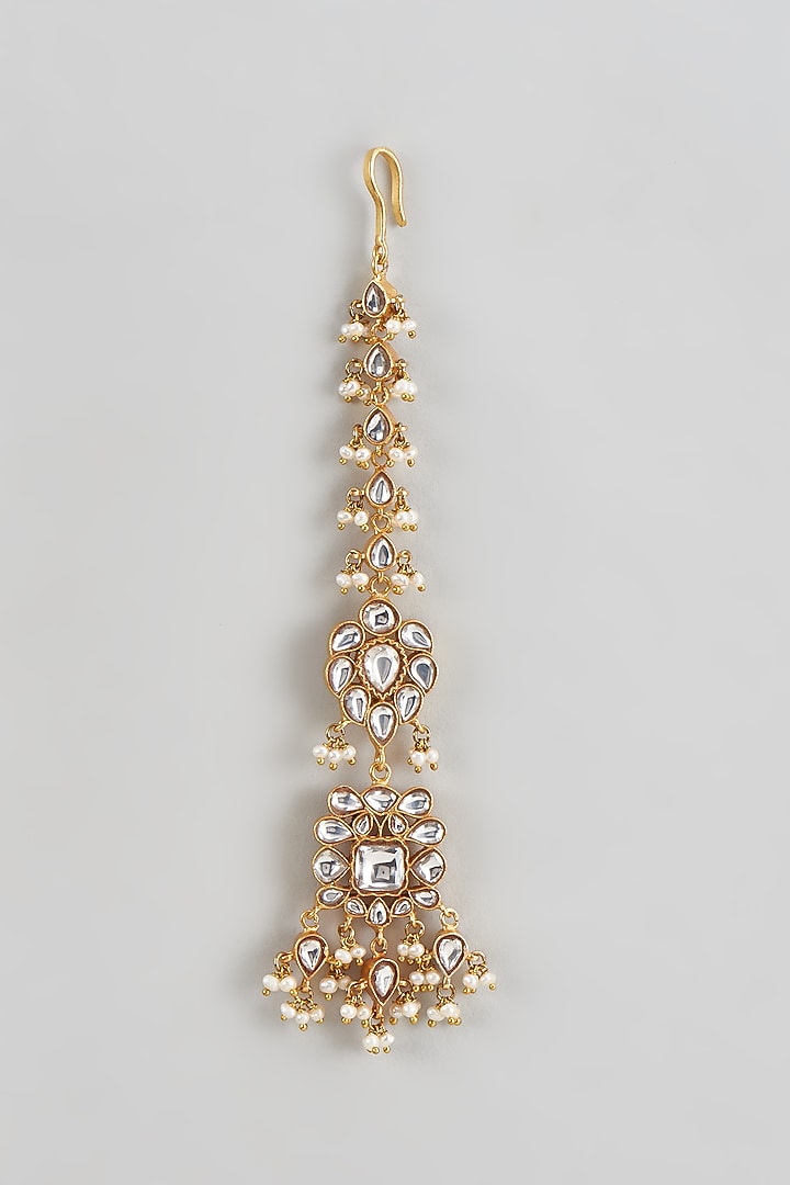 Gold Plated White Kundan Polki & Pearl Maang Tikka In Sterling Silver by KARISA DESIGNS at Pernia's Pop Up Shop