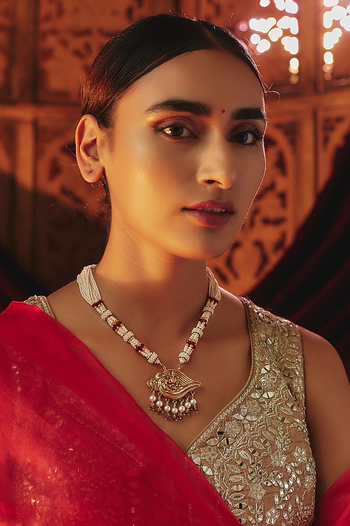 Gold Plated White Kundan Polki & Pearl Temple Necklace In Sterling Silver by KARISA DESIGNS at Pernia's Pop Up Shop