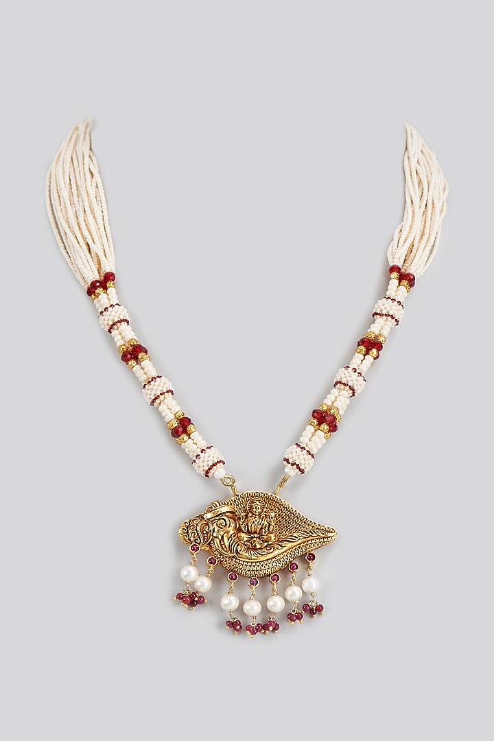 Gold Plated White Kundan Polki & Pearl Temple Necklace In Sterling Silver by KARISA DESIGNS at Pernia's Pop Up Shop