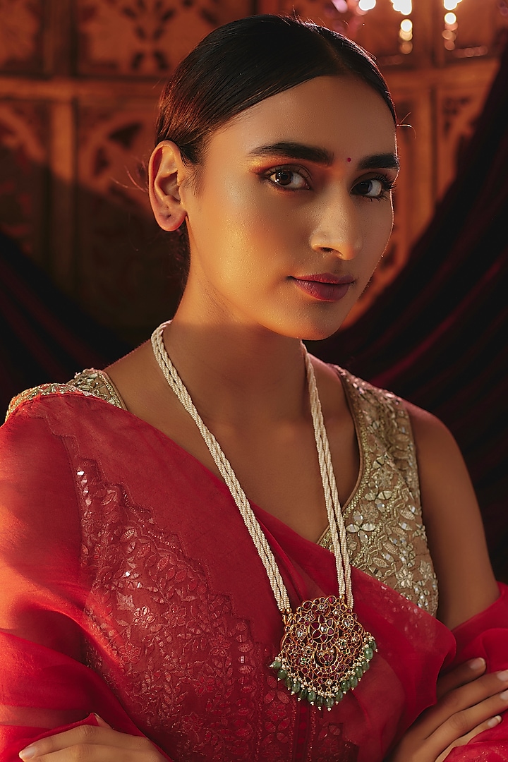 Gold Plated Red Kundan Polki & Pearl Long Pendant Necklace In Sterling Silver by KARISA DESIGNS at Pernia's Pop Up Shop