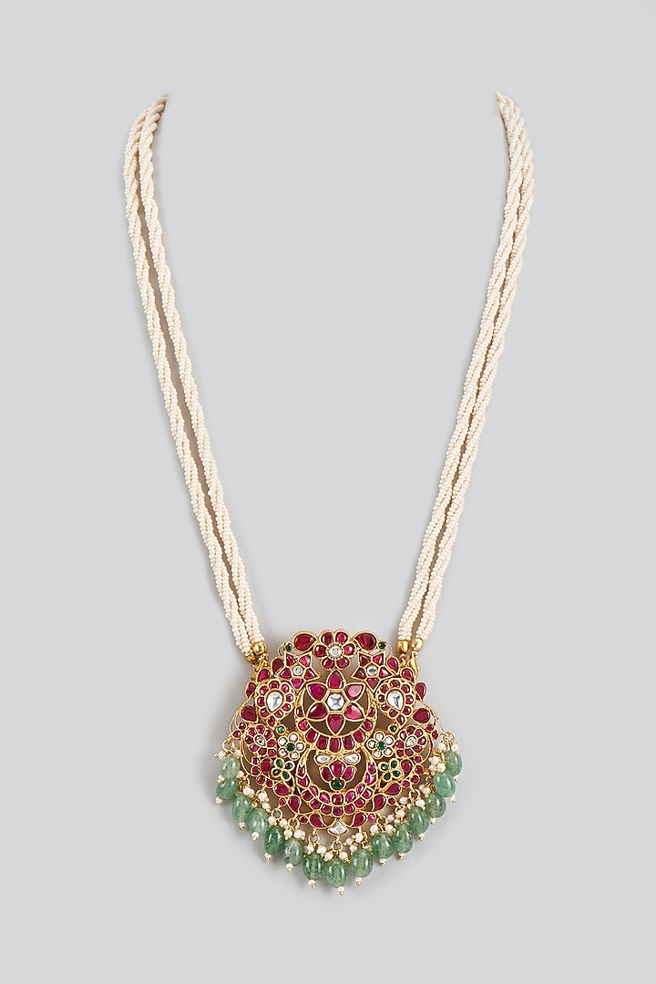 Gold Plated Red Kundan Polki & Pearl Long Pendant Necklace In Sterling Silver by KARISA DESIGNS at Pernia's Pop Up Shop
