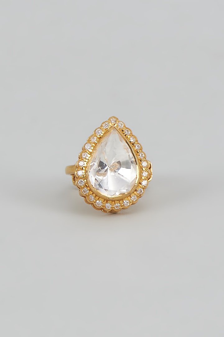 Gold Plated White Kundan Polki Ring In Sterling Silver by KARISA DESIGNS at Pernia's Pop Up Shop